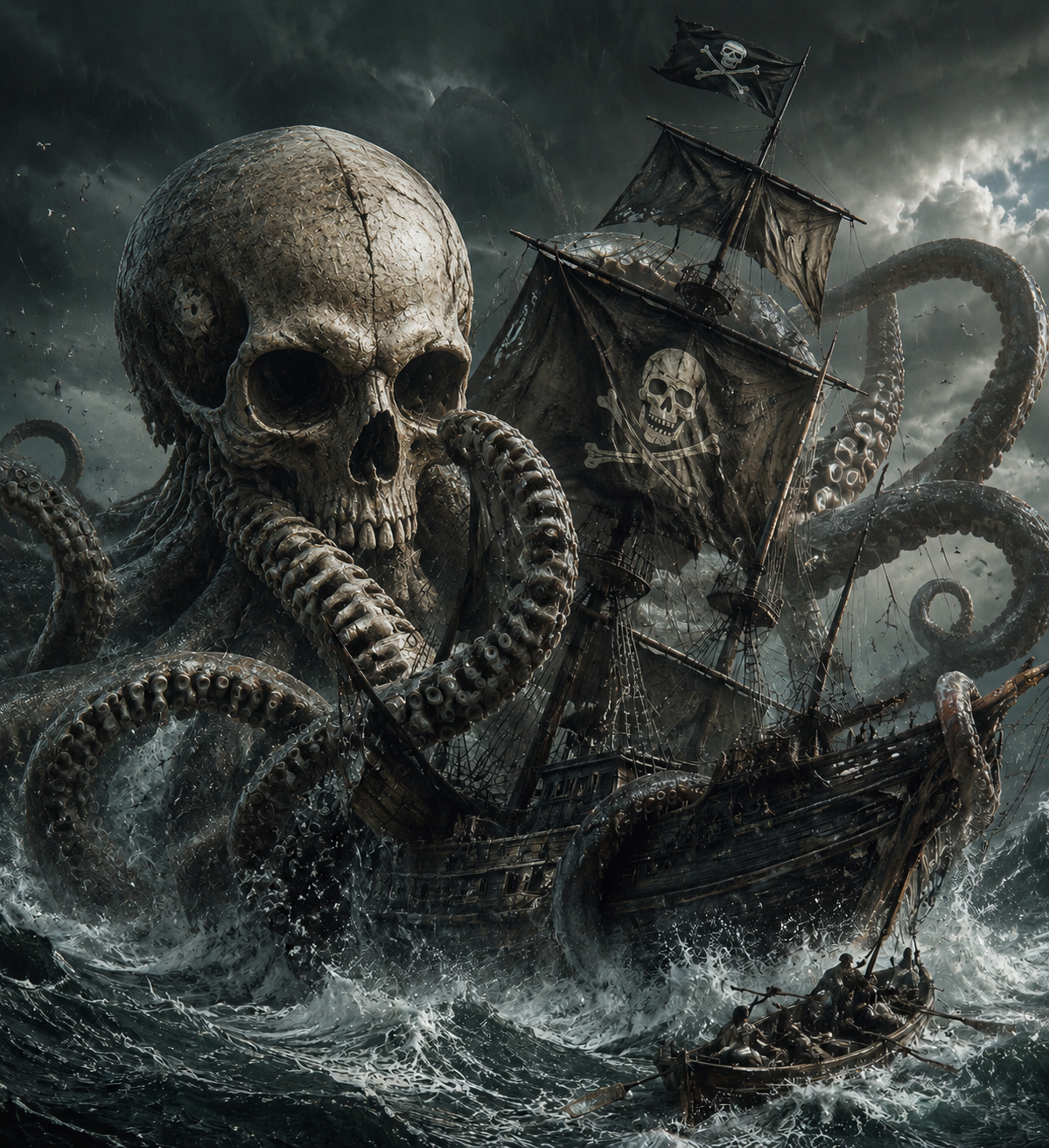 A colossal skull-headed kraken rises beneath a pirate ship in a storm.